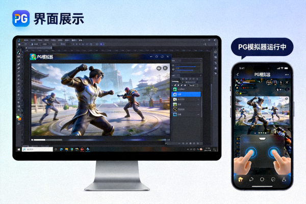 PG官方模拟器在电脑和手机设备上的运行界面展示截图，展示流畅的游戏画面