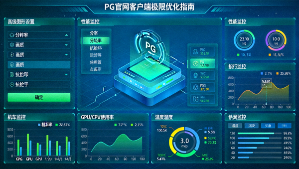 PG官网客户端极限优化指南文章配图，展示高级图形设置界面与性能监控图表