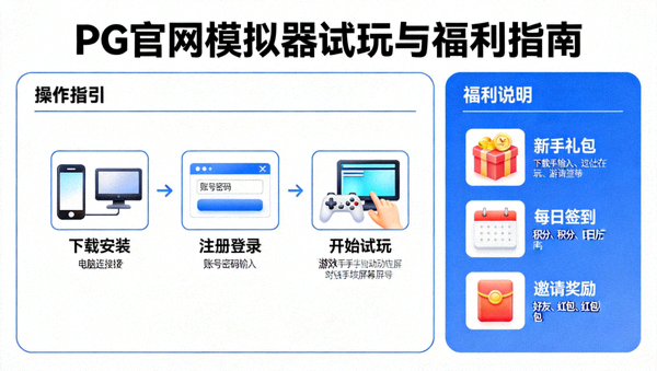 PG官网模拟器试玩与福利指南介绍图片，展示操作指引与福利说明