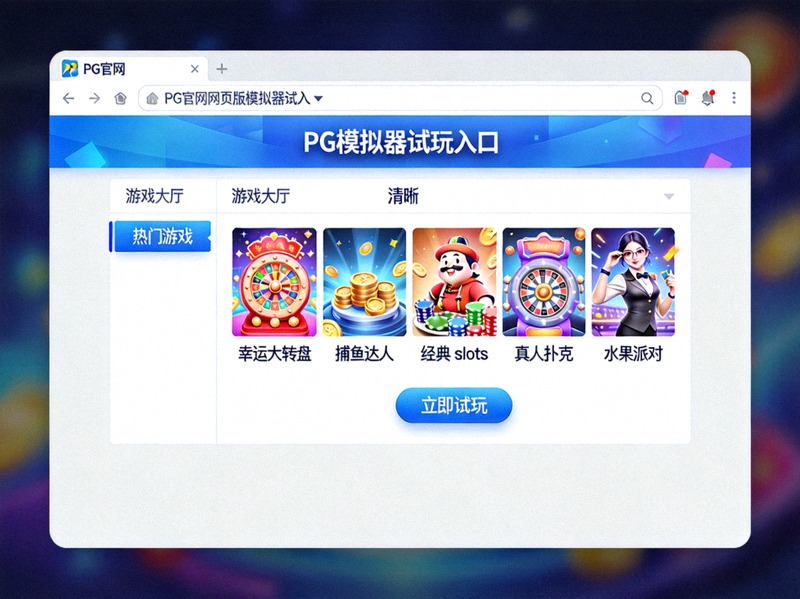 PG官网网页版模拟器试玩入口界面截图，展示浏览器内游戏大厅的清晰布局与热门游戏图标