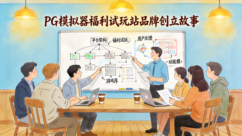 PG模拟器福利试玩站品牌创立故事插图，展示团队早期讨论与平台蓝图规划场景
