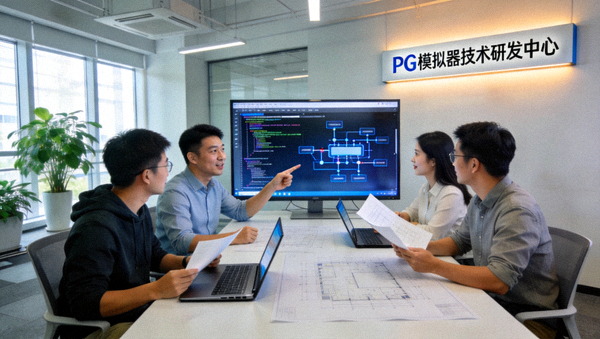 PG模拟器官网技术研发团队在现代化办公室进行项目讨论的工作场景