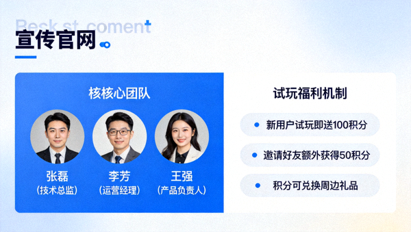 PG模拟器官网团队与试玩福利介绍图片，展示核心团队成员与福利机制