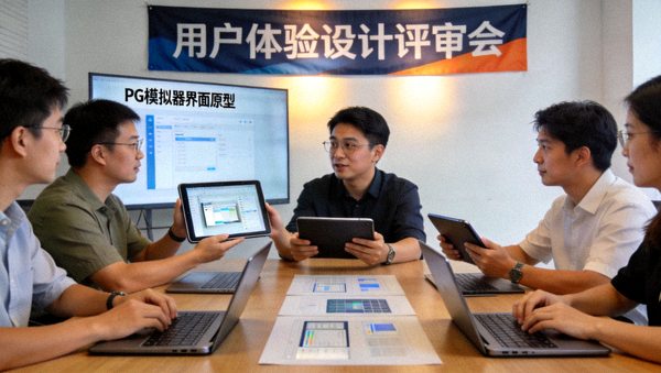 PG模拟器官网产品与用户体验设计团队进行界面原型评审会议的场景
