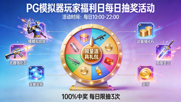 PG模拟器玩家福利日每日抽奖活动宣传图，展示限量道具礼包与抽奖转盘