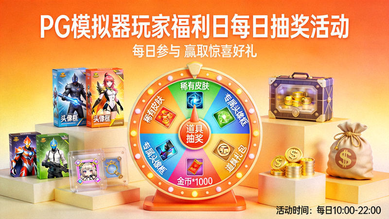 PG模拟器玩家福利日每日抽奖活动宣传图，展示限量道具礼包与抽奖转盘