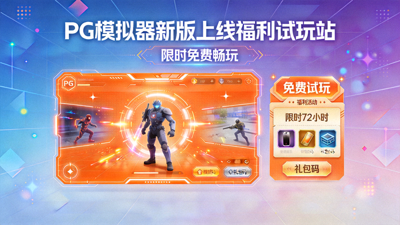PG模拟器新版上线福利试玩站限时免费畅玩宣传海报，展示科技感橙色游戏界面与福利活动标识